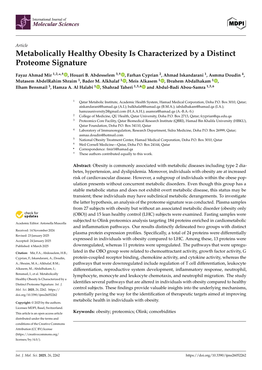 First page of the 2025 journal paper on metabolically healthy obesity.
