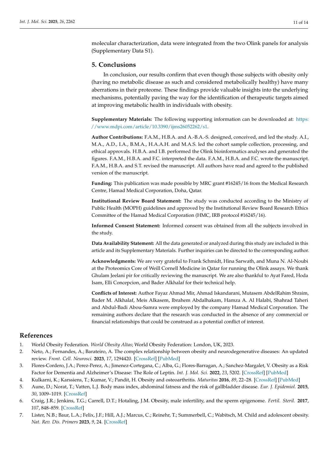 Metabolically Healthy Obesity Is Characterized by a Distinct Proteome Signature, page 11. Highlight: Author contributions.