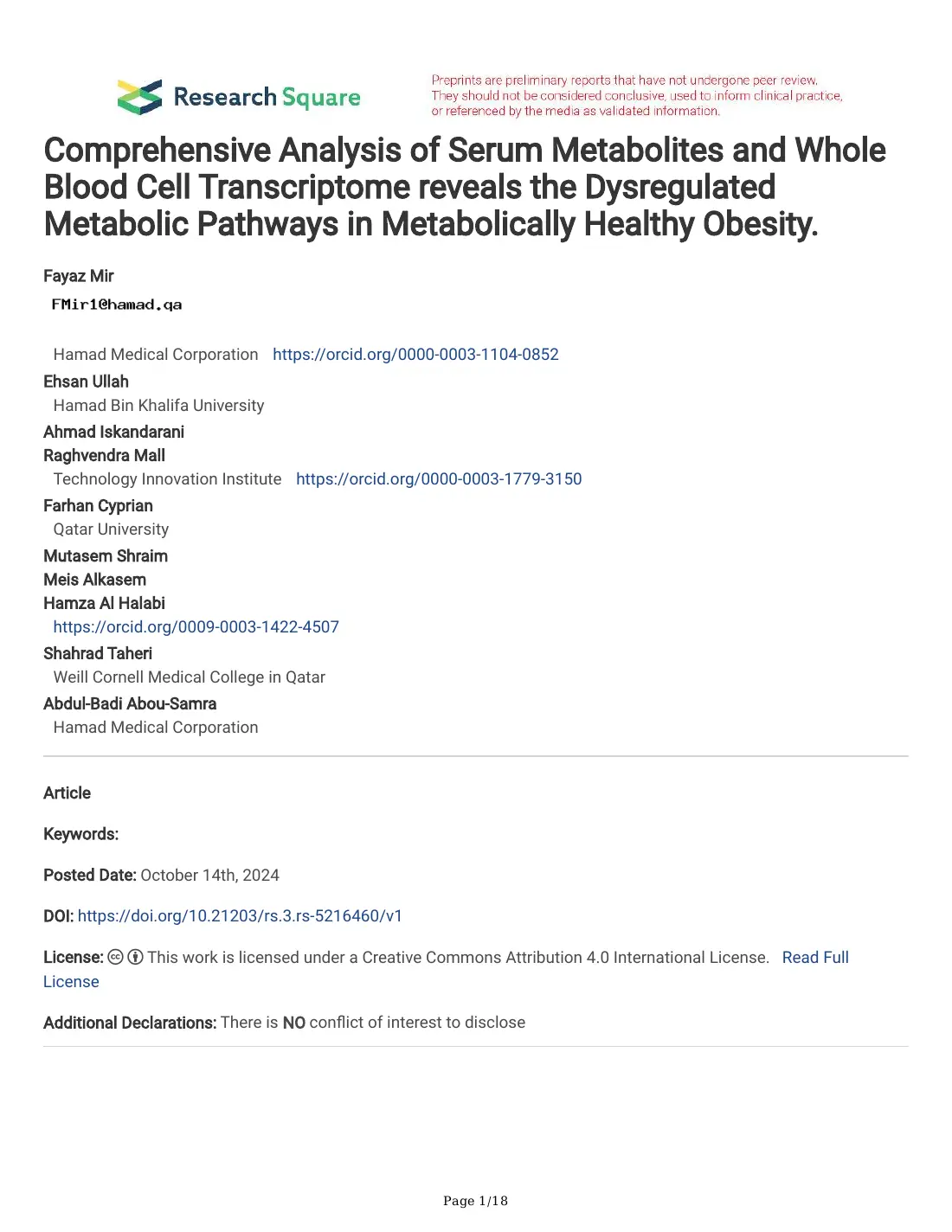 Serum Metabolites and Whole Blood Transcriptome in Metabolically Healthy Obesity (preprint), page 1 of 18