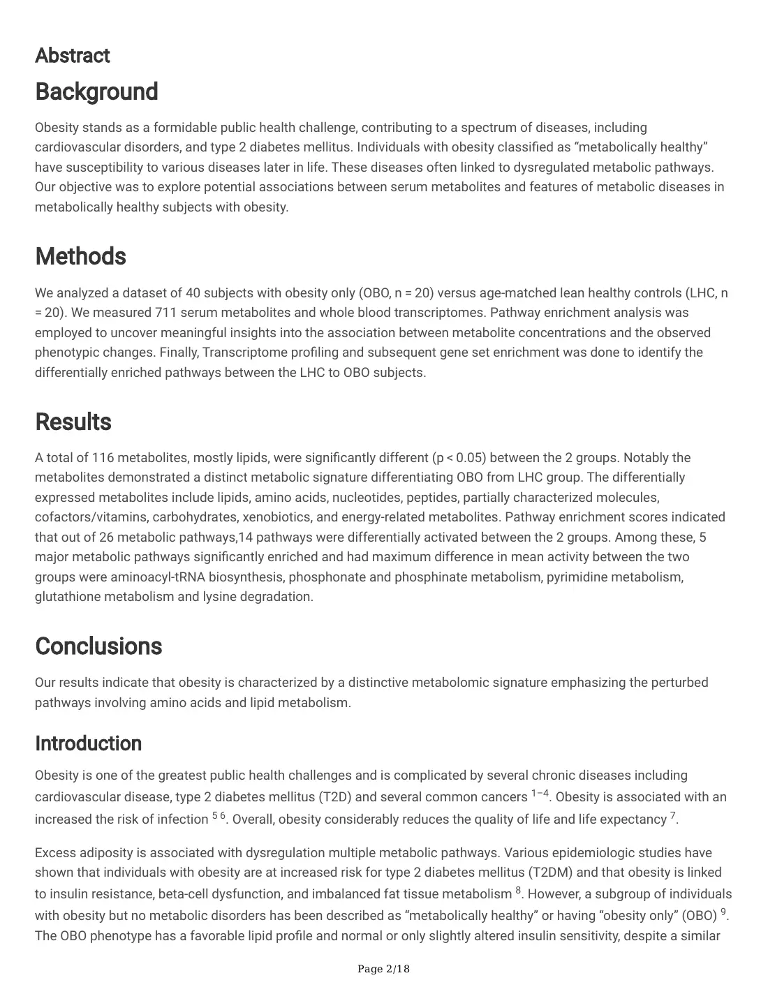 Serum Metabolites and Whole Blood Transcriptome in Metabolically Healthy Obesity (preprint), page 2. Highlight: Abstract.