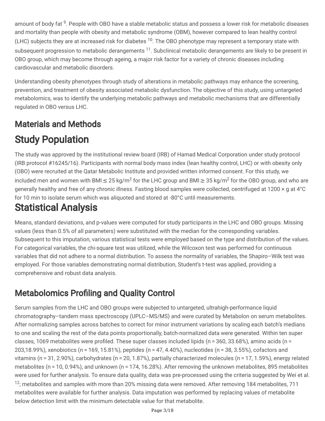 Serum Metabolites and Whole Blood Transcriptome in Metabolically Healthy Obesity (preprint), page 3 of 18