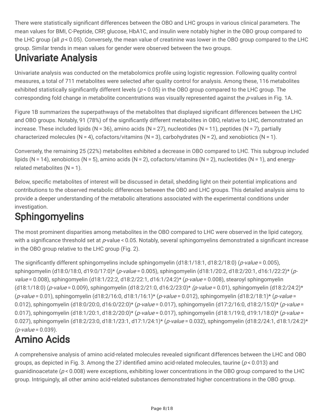 Serum Metabolites and Whole Blood Transcriptome in Metabolically Healthy Obesity (preprint), page 8. Highlight: Metabolite results.