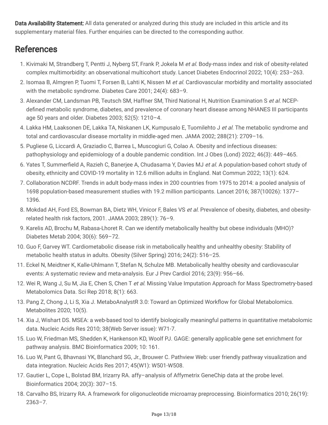 Serum Metabolites and Whole Blood Transcriptome in Metabolically Healthy Obesity (preprint), page 13 of 18