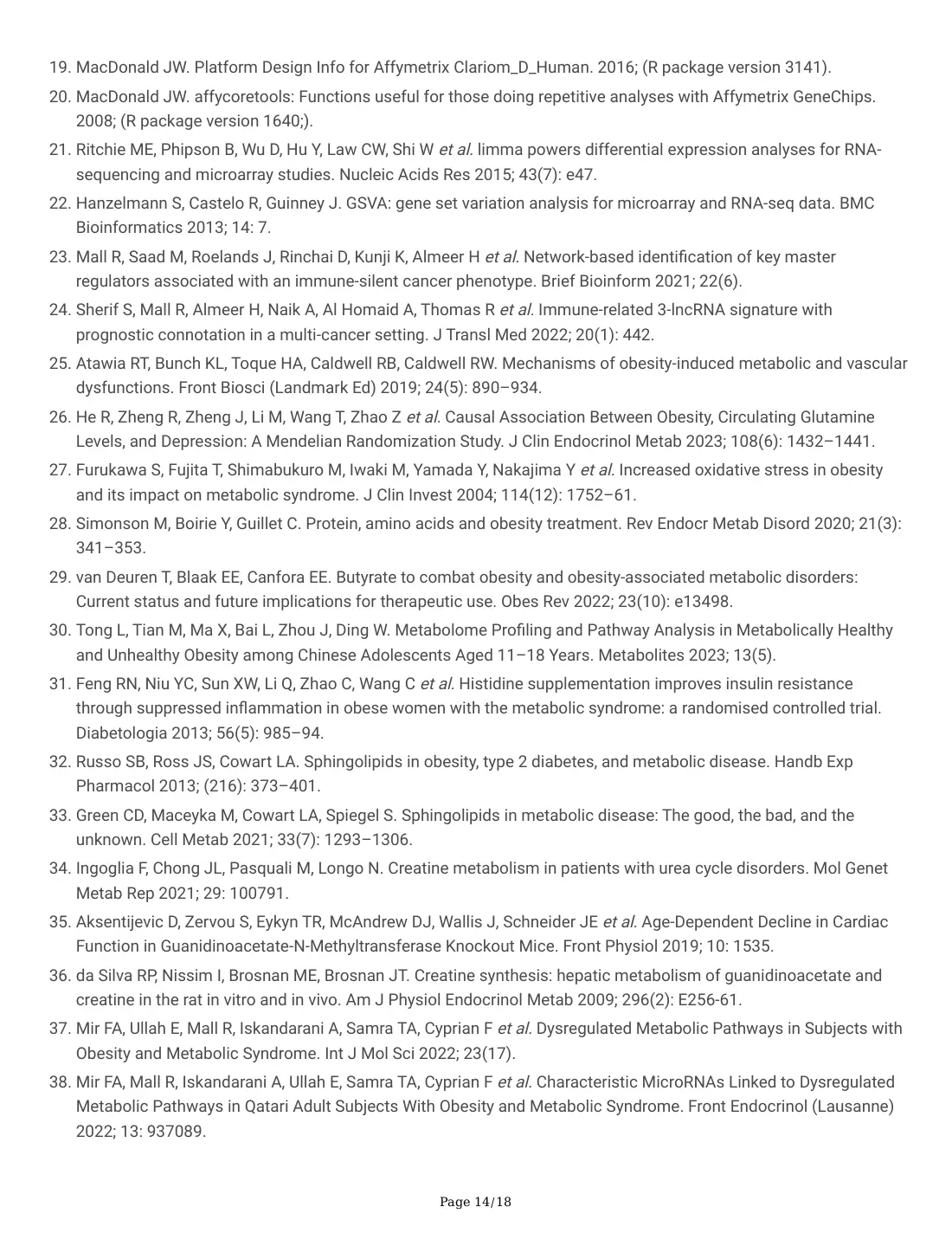 Serum Metabolites and Whole Blood Transcriptome in Metabolically Healthy Obesity (preprint), page 14 of 18