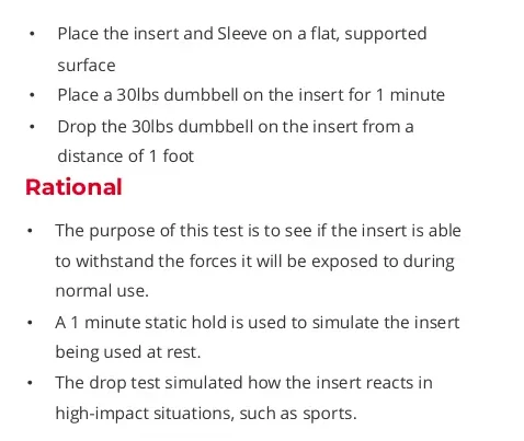 The test procedure slide: place the insert and sleeve on a flat surface, place a 30 lb dumbbell on the insert for 1 minute, drop it from 1 foot.
