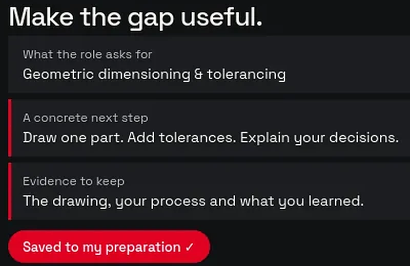 A requirement marked In plan, a concrete next step, and the evidence to keep.
